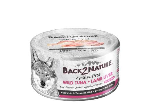 BACK2NATURE 無穀物單/雙蛋白限量成分 野生吞拿魚配羊肝 狗罐頭 – 95G